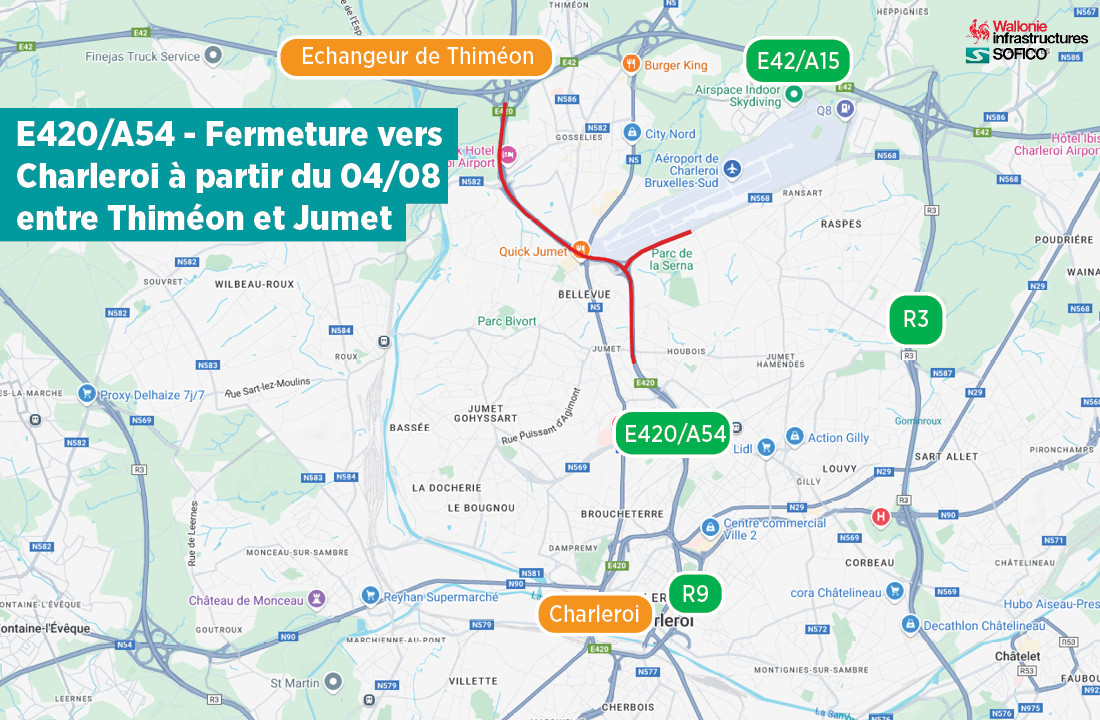 Travaux : l’E420/A54 fermée vers Charleroi, entre Thiméon et Jumet