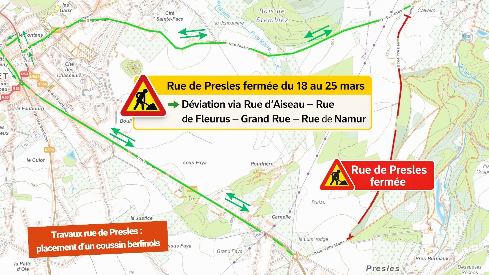 Aiseau-Presles: placement d'un coussin berlinois rue de Presles