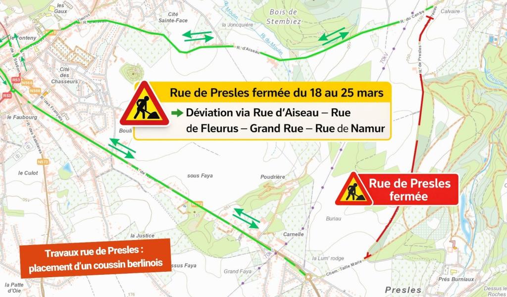 Aiseau-Presles: placement d'un coussin berlinois rue de Presles