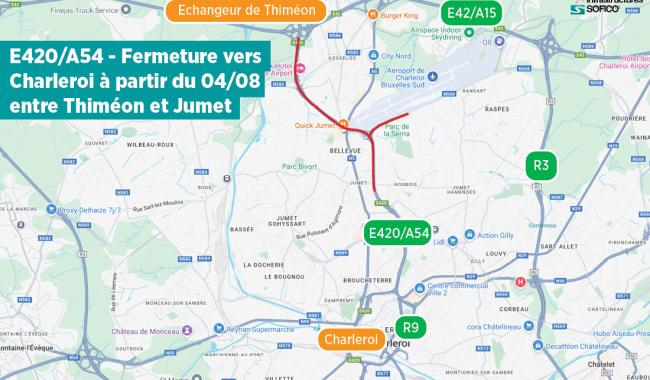 Travaux : l’E420/A54 fermée vers Charleroi, entre Thiméon et Jumet